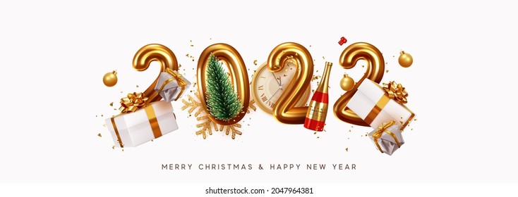 Happy New Year 2022. Golden metal number. Realistic 3d render sign. festive realistic decoration. Celebrate party 2022, Web Poster, banner, cover card, brochure, flyer, layout design. White background