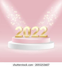 Feliz Año Nuevo 2022. Números dorados con chispas en el podio sobre fondo rosado. Vector