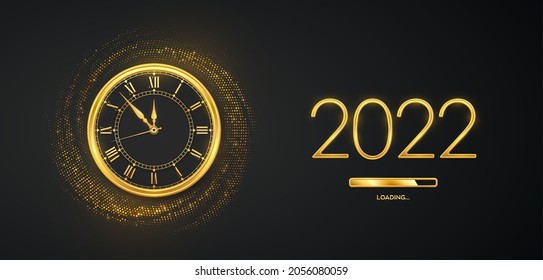 Feliz Año Nuevo 2022. Números metálicos dorados 2022, reloj dorado con numeral romano y cuenta atrás medianoche con barra de carga sobre fondo brillante. El fondo reventado con brillantes. Ilustración vectorial.