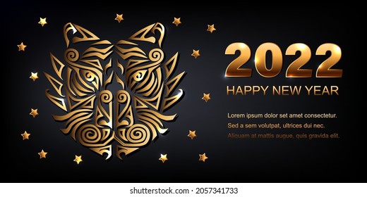 Happy New Year 2022 with golden tiger face on black background. Place for text. Vector illustration