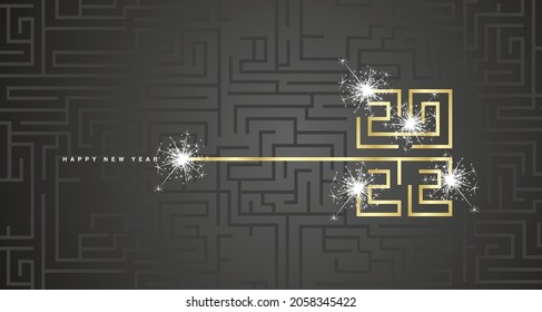 Happy New Year 2022 golden cyberspace abstract high tech new year 2022 typography white firework black background