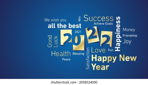 Happy New Year 2022 golden negative space numbers word cloud text blue isolated background vector