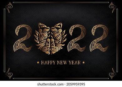 Happy New Year 2022 with golden tiger head on black background. Vector illustration.