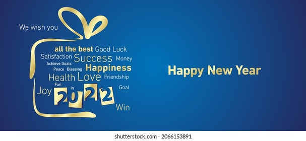 Happy New Year 2022 golden negative space numbers abstract christmas gift box word cloud text white blue background vector greeting card