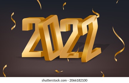 Happy New Year 2022. Happy New Year 2022. Golden 3D numbers with ribbons, Christmas confetti.