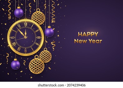 Happy New Year 2022. Golden shiny watch with Roman numeral and countdown midnight, eve for New Year. Background with shining gold and purple balls. Merry Christmas. Xmas holiday. Vector illustration.