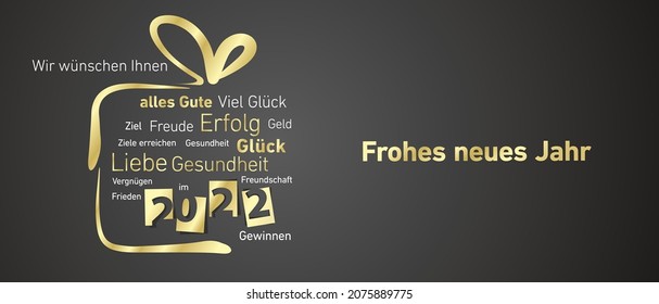 Happy New Year 2022 golden negative space numbers abstract christmas gift box German language word cloud text white black background vector greeting card