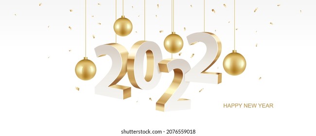 Happy new year 2022. Golden 3D numbers with Christmas decoration and confetti on a white background. Holiday greeting card design.