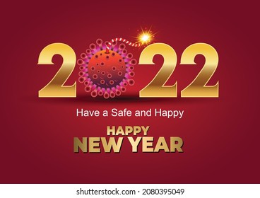 happy new year 2022 golden letter with blue background. covid-19, corona virus concept