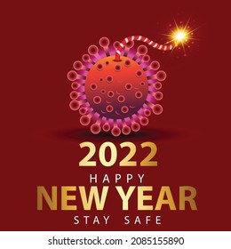 happy new year 2022 golden letter with red background. covid-19, corona virus concept	