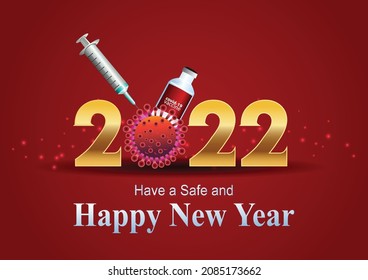 happy new year 2022 golden letter with red background. covid-19, corona virus concept