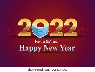 happy new year 2022 golden letter with red background. covid-19, corona virus concept