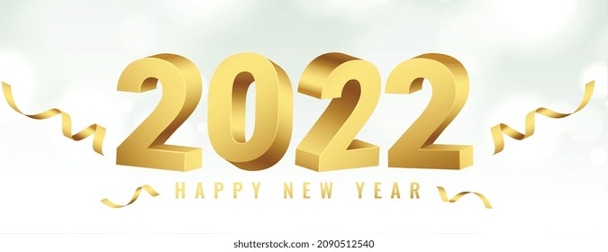 happy new year 2022 golden 3d text banner with ribbon