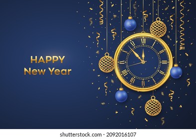 Happy New Year 2022. Golden shiny watch with Roman numeral and countdown midnight, eve for New Year. Background with shining gold and blue balls. Merry Christmas. Xmas holiday. Vector illustration.