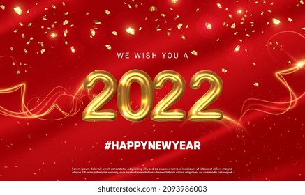 Happy new year 2022 with golden numbers and festive confetti on red background. Shiny party background. New year ornament. Festive premium template for holiday. Vector holiday illustration.