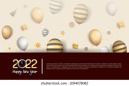 happy new year 2022 golden and silver color with balloons, fireworks isolated red and white background for celebration event