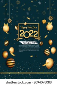 happy new year 2022 golden number with party element isolated on dark background for celebration event