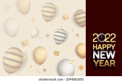 happy new year 2022 golden and silver color with balloons isolated red and white background for celebration event