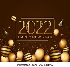 happy new year 2022 golden color with balloons isolated brown background for celebration event