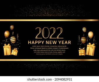 happy new year 2022 golden number with party element isolated on black background for celebration event