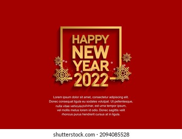 happy new year 2022 golden number with snowflake in square isolated red background for party, celebration event