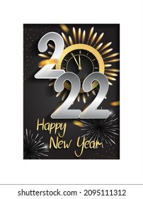 happy new year 2022 golden and silver color with party element and firework isolated black background for celebration event