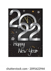 happy new year 2022 golden and silver color with party element and clock isolated black background for celebration event