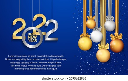 happy new year 2022 golden and silver number with party element isolated on blue background for celebration event