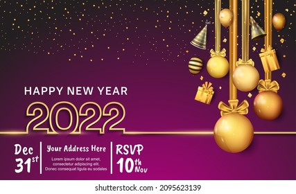 happy new year 2022 golden outline number with party element isolated on purple background for celebration event