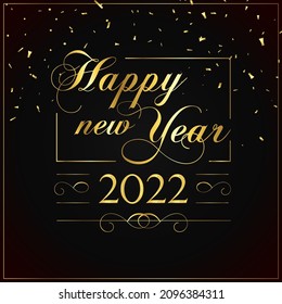 Happy New Year 2022 Golden typo greeting with confetti and black blue red background