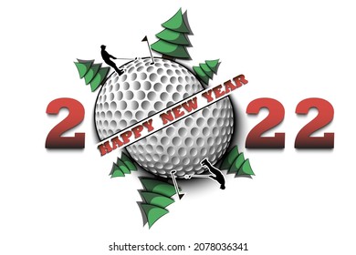 Happy new year. 2022 with golf ball, Christmas trees and golf player. Original template design for greeting card, banner, poster. Vector illustration on isolated background