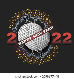 Happy new year. 2022 with golf ball, player and fans. Original template design for greeting card, banner, poster. Vector illustration on isolated background