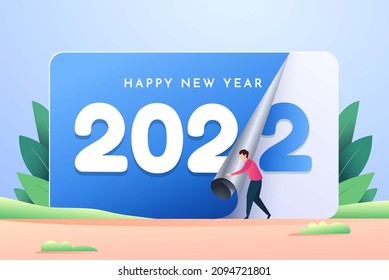 Frohes neues Jahr 2022 , Farbverlauf-Jahresabbildung , Jahreswechsel 2021 bis 2022, Naturhintergrund, blaue Rückseite und weißer Text, Farbe
