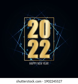 Happy New Year 2022 greeting card, banner, poster, flyer. Golden numbers and neon geometric frame on black background with glowing stars light. Vector illustration