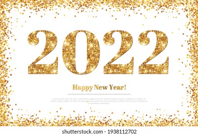 Happy New Year 2022 Greeting Card with Gold Numbers and Confetti Frame on White Background. Vector Illustration. Merry Christmas Flyer or Poster Design