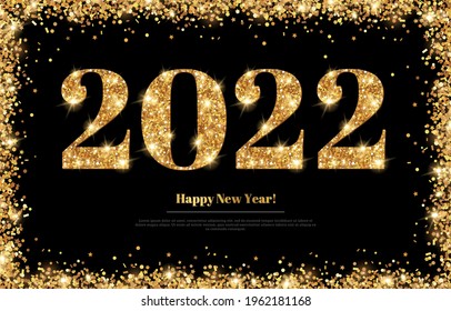 Happy New Year 2022 Greeting Card with Gold Numbers and Confetti Frame on Black Background. Vector Illustration. Merry Christmas Flyer or Poster Design