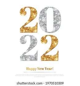 Happy New Year 2022 Greeting Card with Gold and Silver Numbers. Vector Illustration. Merry Christmas Flyer Design, Brochure Cover, Poster, Minimalistic Invitation