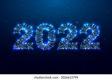 Happy new year 2022 greeting card. Low poly style design. Numbers from a polygonal wireframe mesh. 
Abstract vector illustration on dark background.