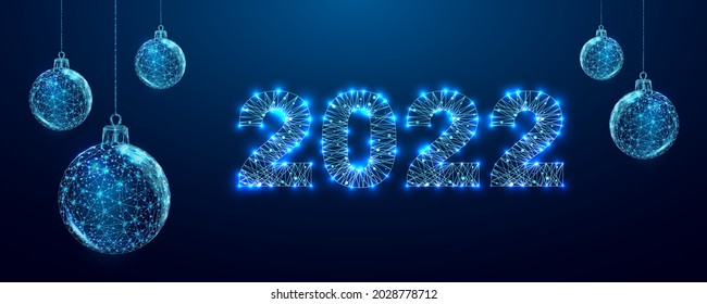 Happy new year 2022 greeting card. Numbers from a polygonal wireframe mesh with Christmas balls. Low poly style design.  Abstract vector illustration on dark background.