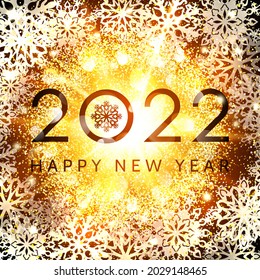 Happy New Year 2022 greeting card design on glowing abstract background with glittering confetti elements and snowflakes Golden New Year celebration banner Holiday party decoration vector illustration