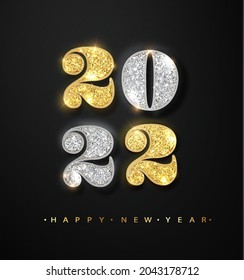 Happy New Year 2022 Greeting Card with with gold and silver shimmery shiny glitter numbers on black Background. Banner with 2022 Numbers on Bright Background.