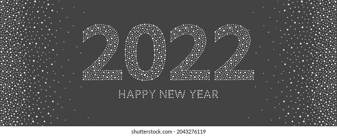 Happy New Year 2022 greeting card  Big numbers  letters  characters made hand drawn uneven dots  spots  dot snowflakes  beads  blobs  Snow typographic composition  dotted winter borders 