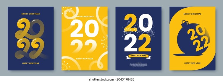 Happy New Year 2022 greeting card collection. Posters template with minimalistic graphics and typography. Creative concept for banner, flyer, branding, cover, social media. Vector illustration.