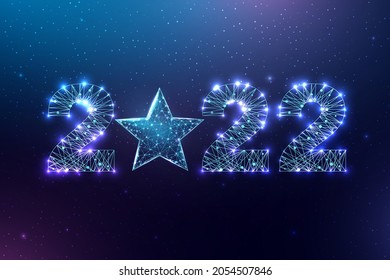 Happy new year 2022 greeting card. Low poly style design. Numbers from a polygonal wireframe mesh. 
Abstract vector illustration on dark background.