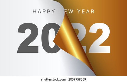 Happy New Year 2022 greeting card design template. End of 2021 and beginning of 2022. The concept of the beginning of the New Year. The calendar page turns over and the new year begins.