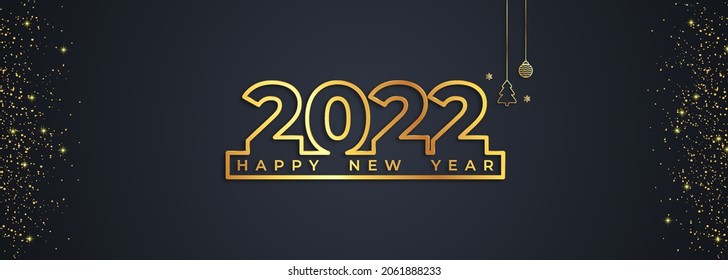 Happy New Year 2022 Greeting Card With Gold Numbers And Confetti Frame On Dark Background. Vector Illustration. Merry Christmas Flyer Or Poster Design
