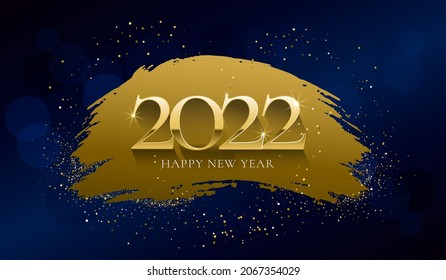Happy New Year 2022. Greeting card with golden brush stroke glittering on blue background. For holiday invitations, poster, banner. Vector illustration.