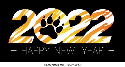 Happy New Year 2022. New year’s greeting symbol decorated with tiger skin pattern. Vector illustration isolated on black background. EPS 10