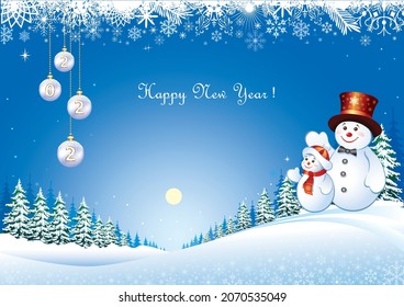 Happy New Year 2022. Greeting card with winter snowy landscape with snowmen and silver balls with snowflake pattern. Vector illustration