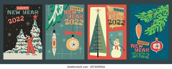 Happy New Year 2022 Greeting Cards, Retro Season Holidays Illustrations Style 